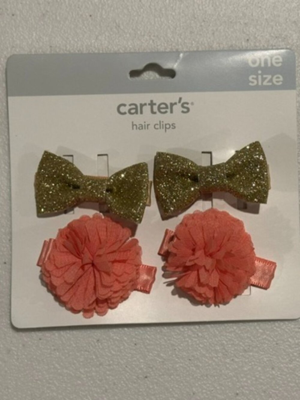 NEW Carter's TWO (2) Pack Hair Clips-Glitter Gold Bows & Coral Poms